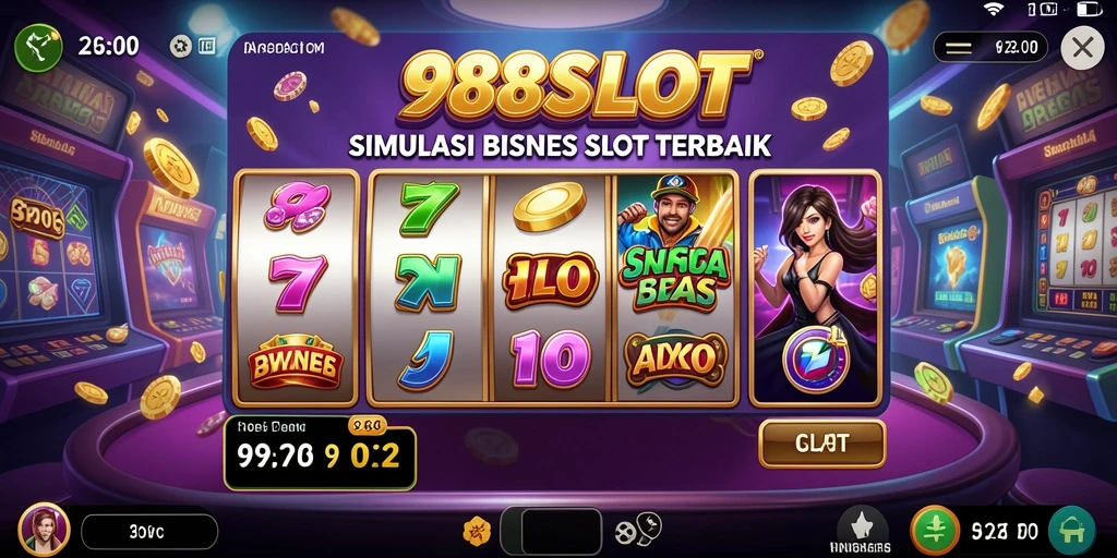 Screenshot gameplay <strong>988SLOT</strong> yang menunjukkan manajemen kasino dan mesin slot.