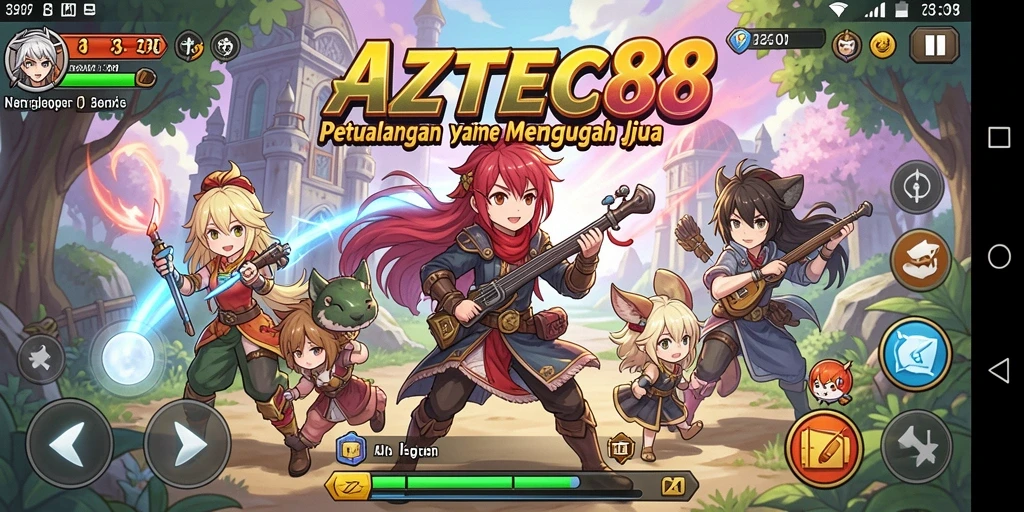 Screenshot utama AZTEC88 menampilkan aksi karakter unik dalam lingkungan anime yang fantastis.