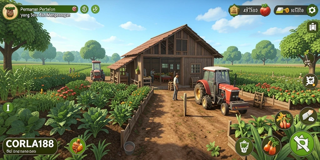 Tangkapan layar dari gameplay <strong>CORLA188</strong> yang menunjukkan aktivitas bertani yang menyenangkan.