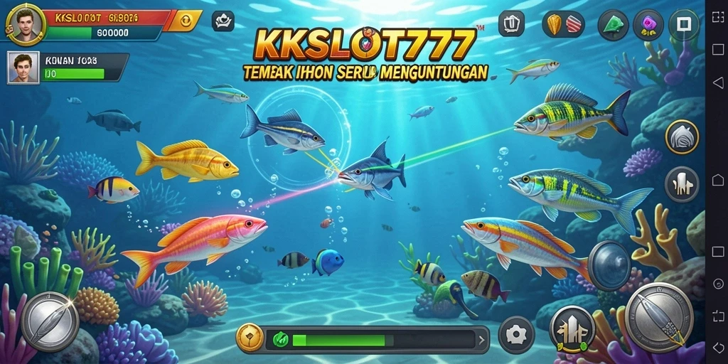 Screenshot KKSLOT777 menampilkan aksi menembak ikan yang seru dan penuh warna.
