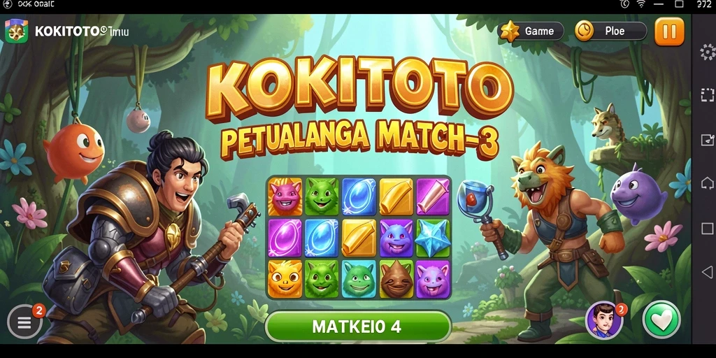 Screenshot gameplay KOKITOTO menampilkan aksi mencocokkan elemen yang penuh warna.