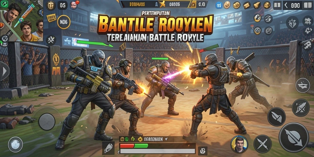 Screenshot N06 menampilkan aksi seru dalam arena Battle Royale.