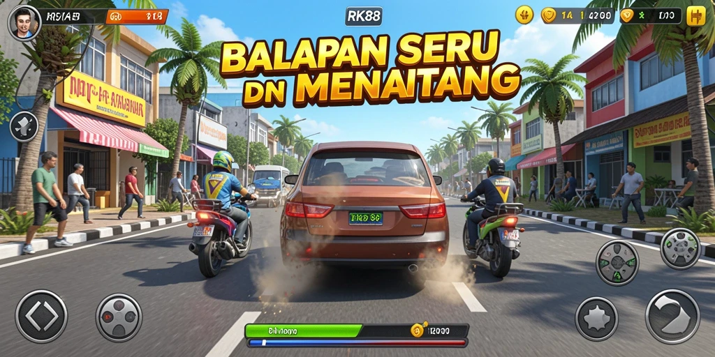 Screenshot menampilkan aksi balapan seru dalam RK88 di trek yang menantang.
