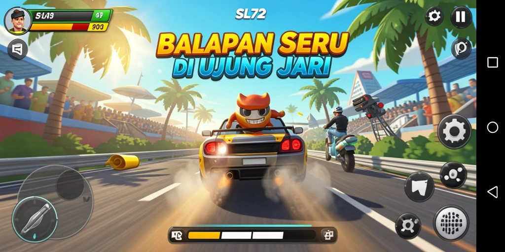 Tampilan menarik gameplay balapan di SL72 dengan mobil yang melaju kencang.
