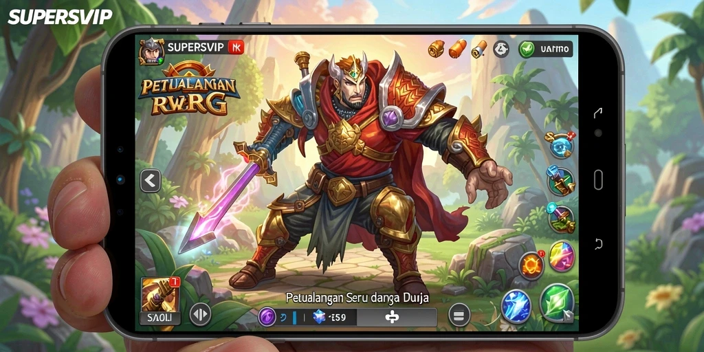 Screenshot utama SUPERSVIP menampilkan aksi pertarungan epik dalam game RPG.