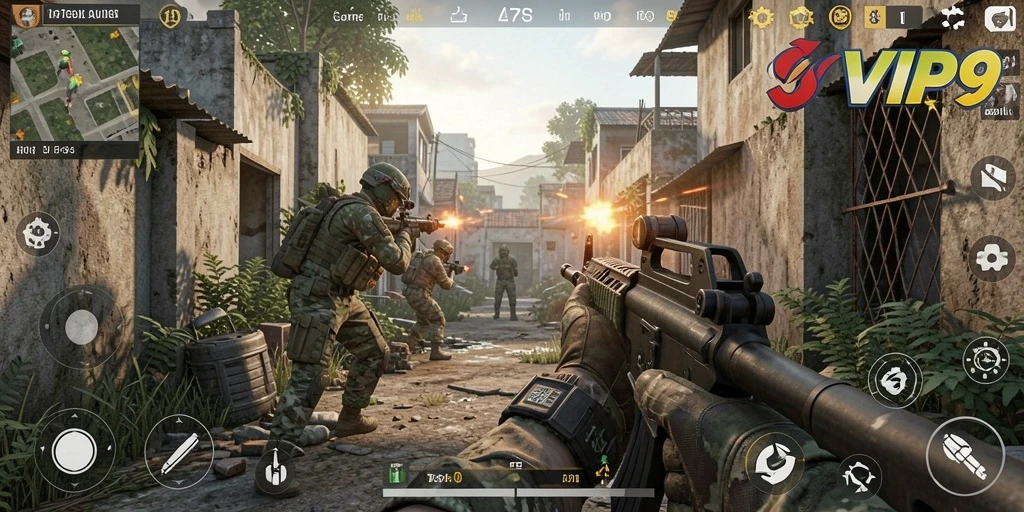 Screenshot menunjukkan aksi intens gameplay FPS dengan grafis tajam.